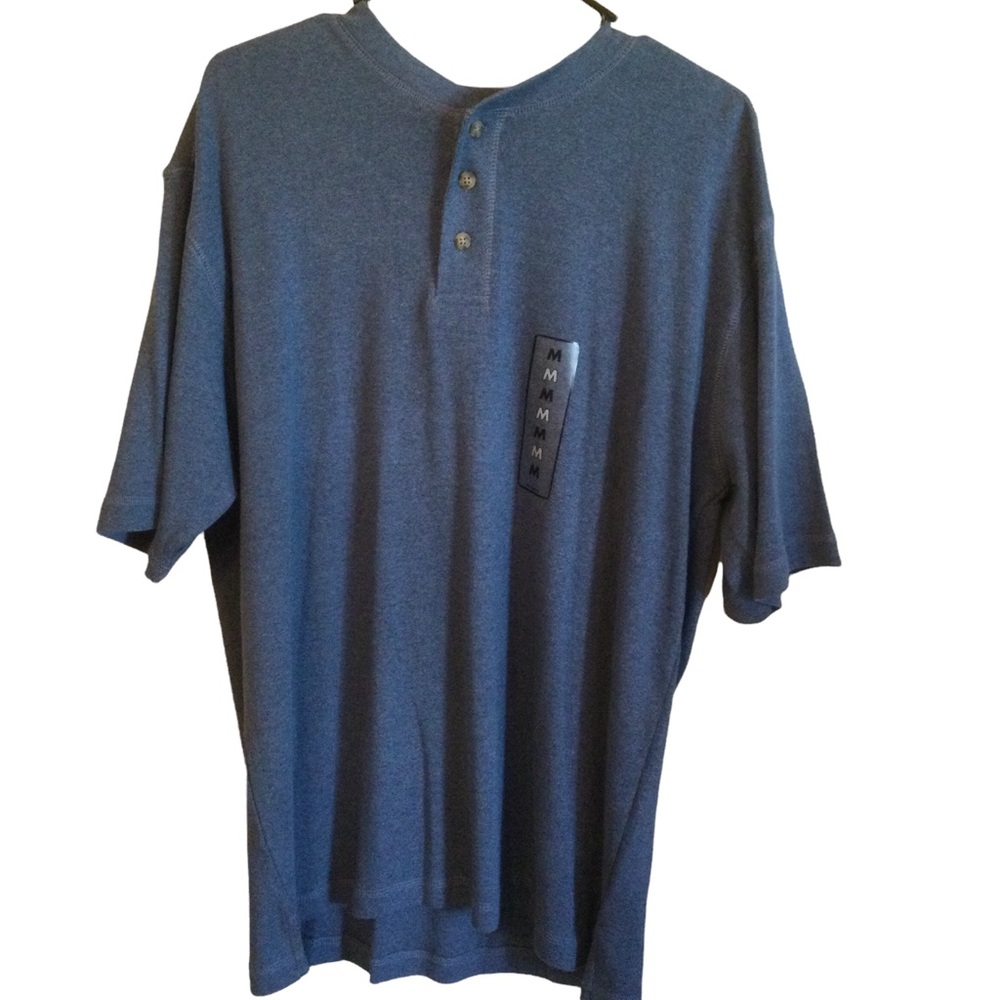 Basic Editions Mens Blue Solid Rib Henley Shirt. NWT